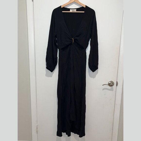 L*Space Colette Dress Waist Cutout Deep V Neck Blouson Sleeve Black Size Medium - Picture 2 of 12